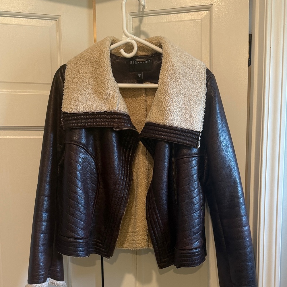 Bernardo Chocolate Brown Faux-Leather Sherpa Jacket with Cream Collar